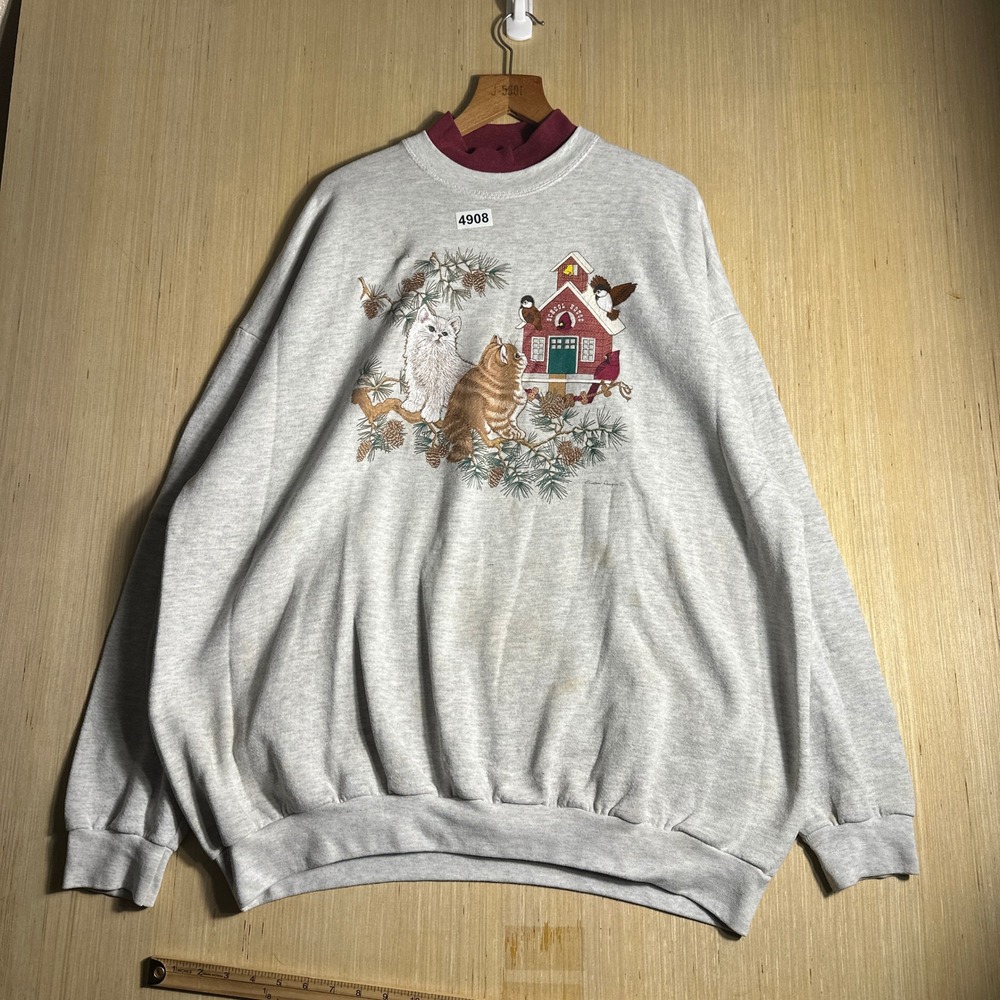 Vintage Endless Designs Sweatshirt Mens 3XL Grey 90s Cats Birds Schoolhouse